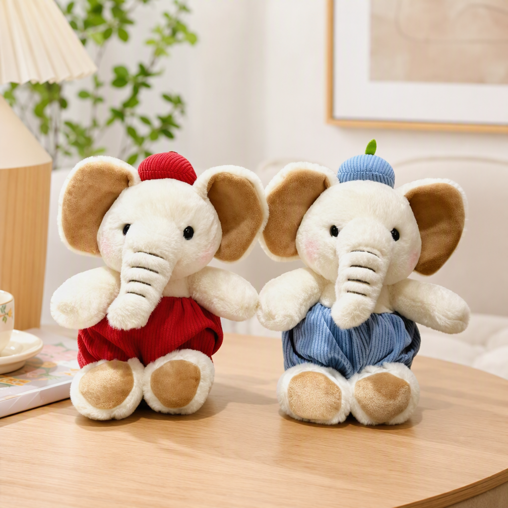 Two cute plush elephant dolls, dressed children's companions, handcrafted fabric toy gifts collection details Picture