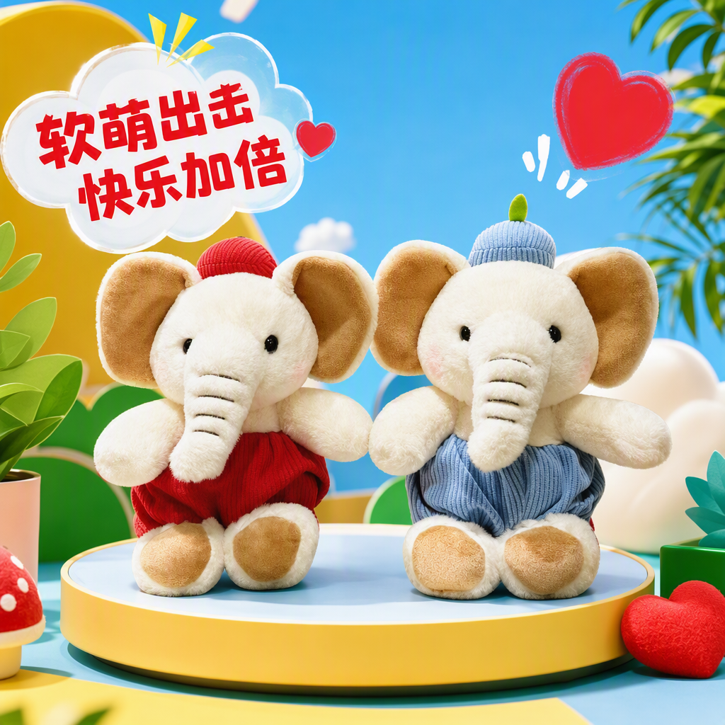 Two cute plush elephant dolls, dressed children's companions, handcrafted fabric toy gifts collection Specification image