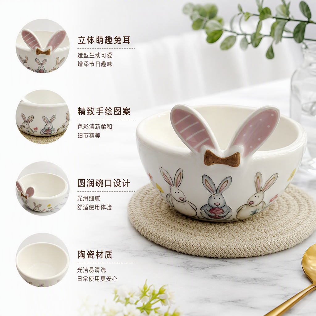 Cute white rabbit-shaped ceramic bowl kitchen tableware, creative children's breakfast soup bowl gift decoration for home use