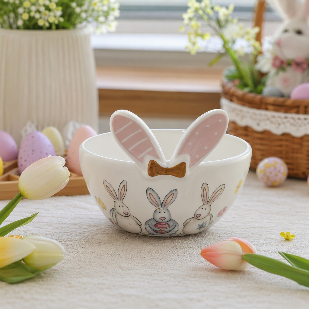 Cute white rabbit-shaped ceramic bowl kitchen tableware, creative children's breakfast soup bowl gift decoration for home use details Picture