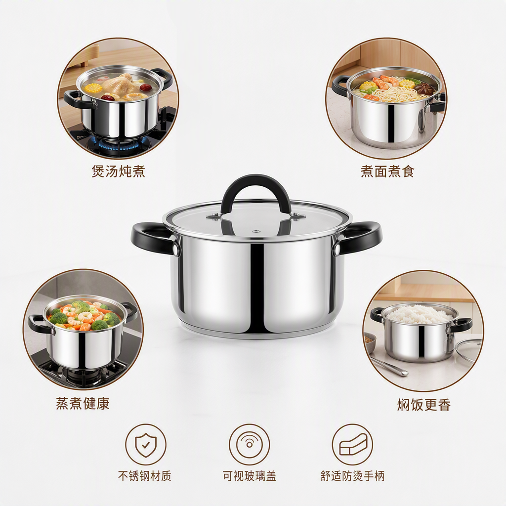 Multifunctional stainless steel double-ear single-pot for making soup and porridge, heat-resistant and durable, essential for the kitchen HR187-7 Application Scenario