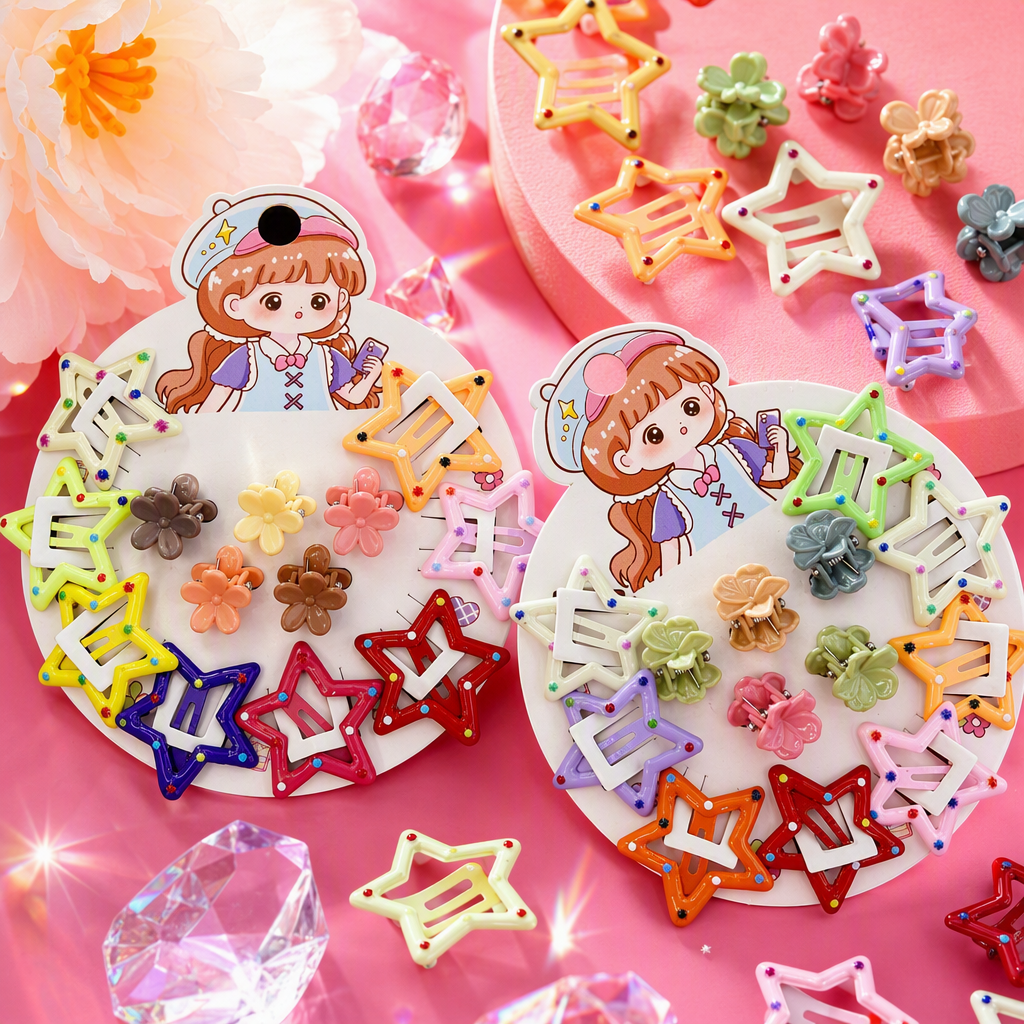 Children's colorful star BB clip set, cute flower pinch for girls, baby's broken hair, bangs, hair clips and headwear Application Scenario