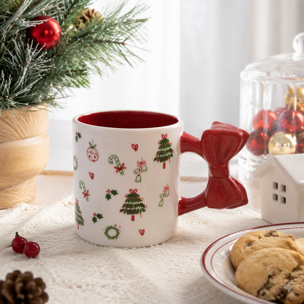 Christmas-themed ceramic cups with red bow handles, creative home decoration items for festive gifts details Picture