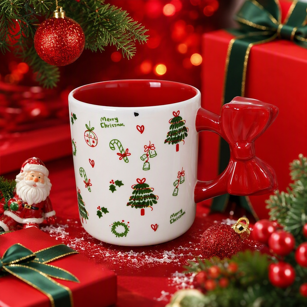 Christmas-themed ceramic cups with red bow handles, creative home decoration items for festive gifts Specification image
