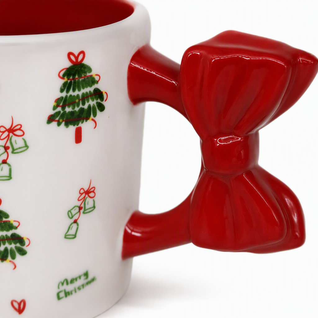 Christmas-themed ceramic cups with red bow handles, creative home decoration items for festive gifts Application Scenario