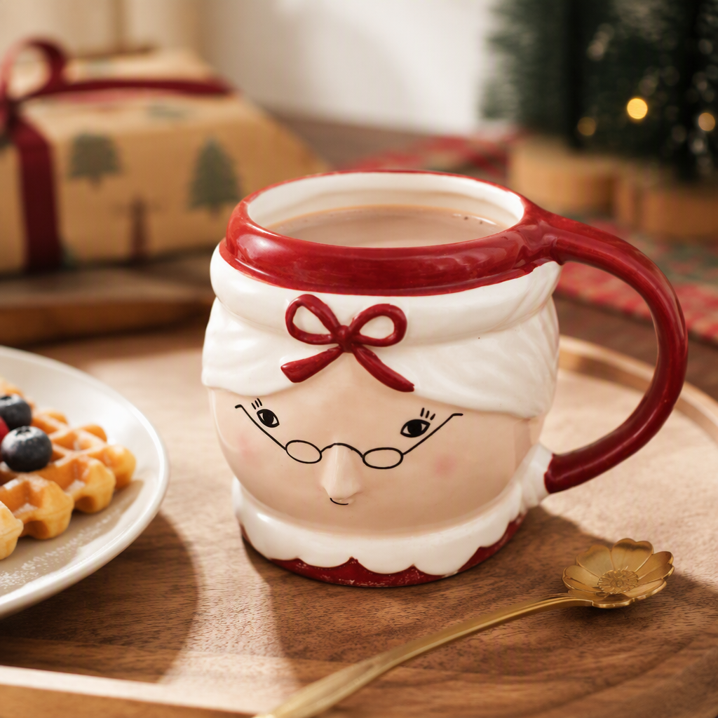 Red and white ceramic cups with glasses and bow ties, a creative home furnishing gift with an old grandma's facial design details Picture