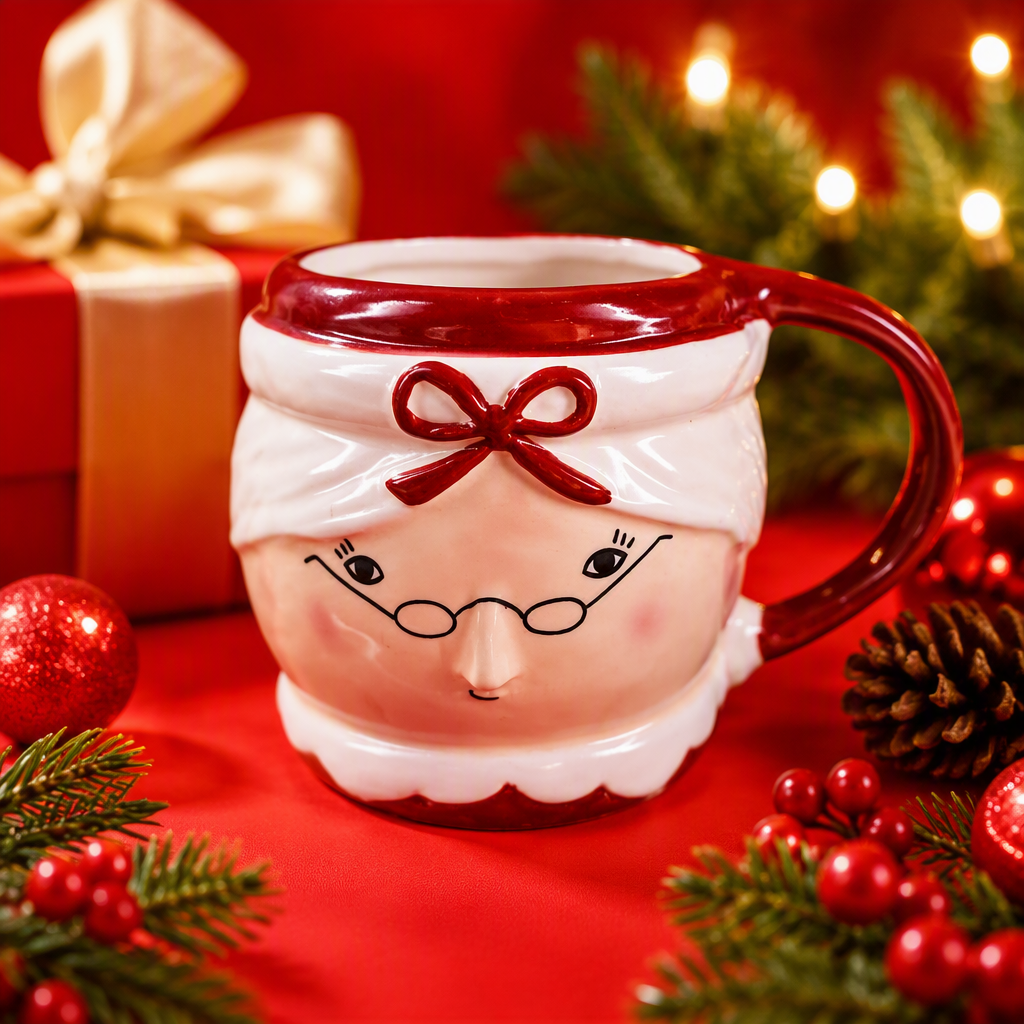 Red and white ceramic cups with glasses and bow ties, a creative home furnishing gift with an old grandma's facial design Specification image