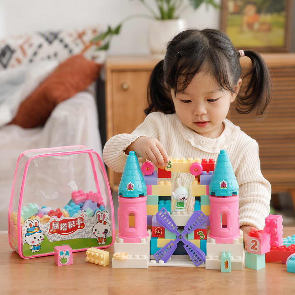Cartoon dolls, large-sized castle building blocks, pink windmill villa style, baby building and educational assembly toys Item Picture