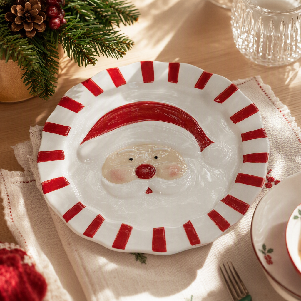 Santa Claus red and white striped ceramic plate, festive home decoration tableware, gift and creative display piece details Picture
