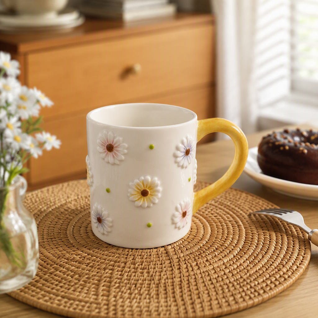 White ceramic cup with Daisy decoration, creative coffee water cup, simple household tea set gift details Picture