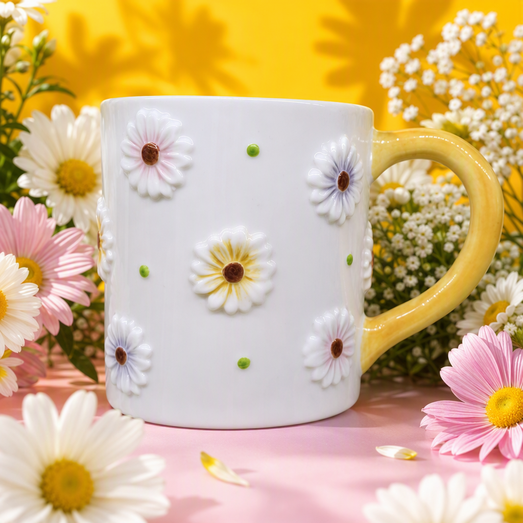 White ceramic cup with Daisy decoration, creative coffee water cup, simple household tea set gift Specification image