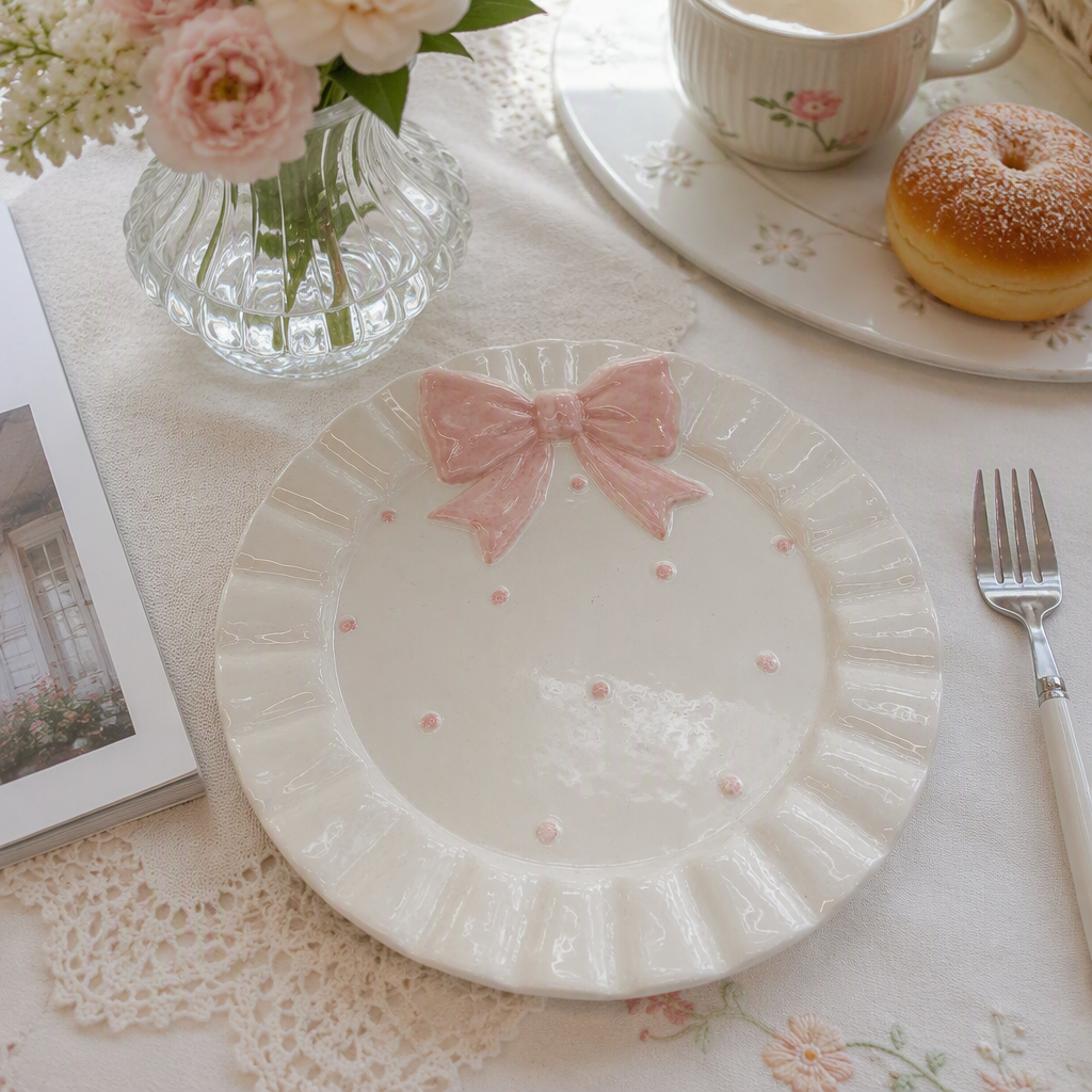 Rosa arco cerámico pequeño plato vajilla creativo hogar té plato de condimento decoración simple y lindo details Picture