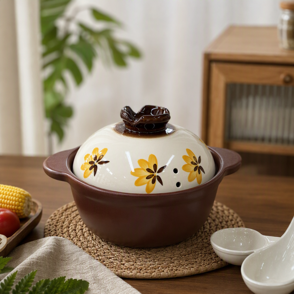 Elegant floral ceramic stew pot, white lid, brown glazed surface, multi-functional soup pot, household kitchenware details Picture