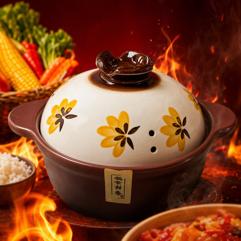 Elegant floral ceramic stew pot, white lid, brown glazed surface, multi-functional soup pot, household kitchenware Specification image