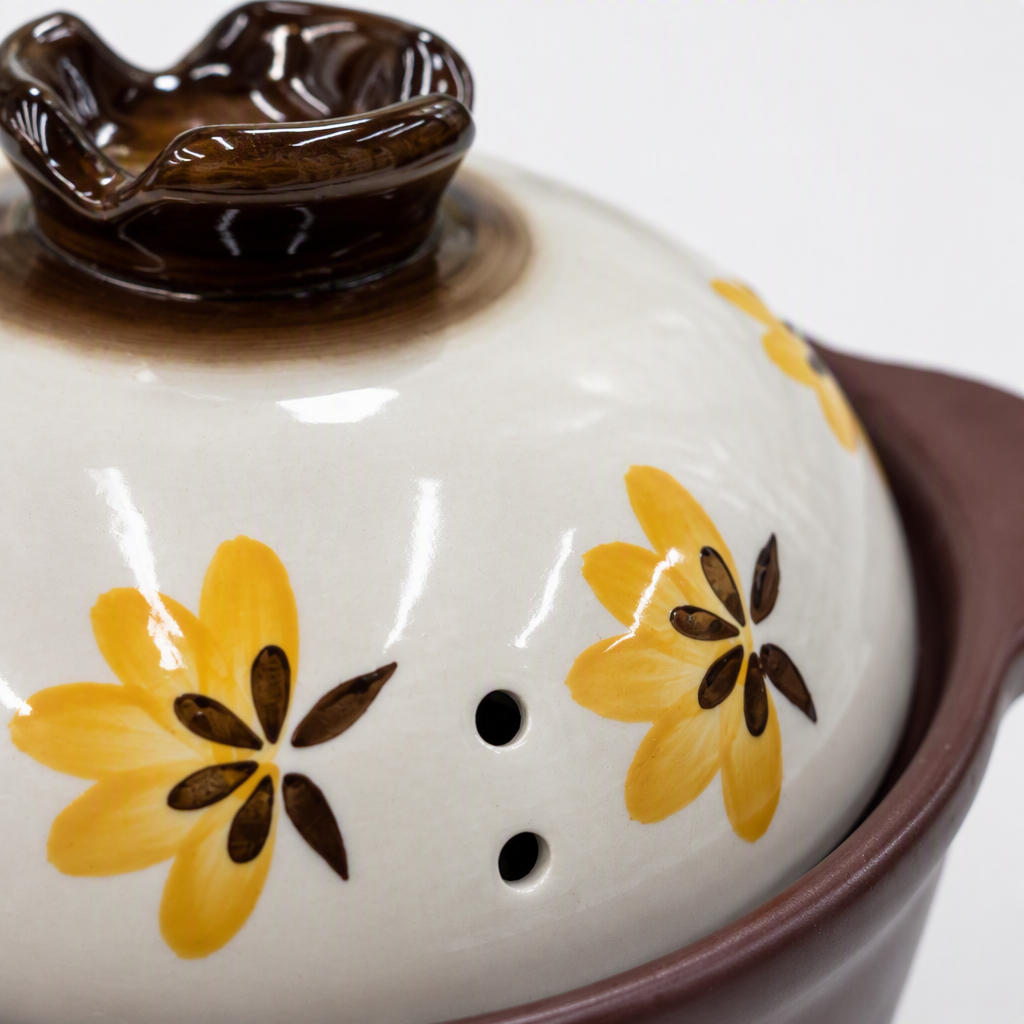Elegant floral ceramic stew pot, white lid, brown glazed surface, multi-functional soup pot, household kitchenware Application Scenario