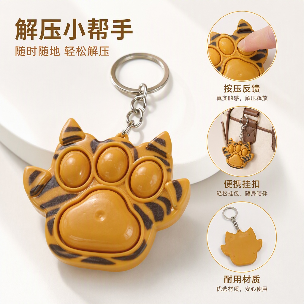 橙色虎纹猫爪造型按压解压钥匙扣时尚可爱便携饰品礼品赠品