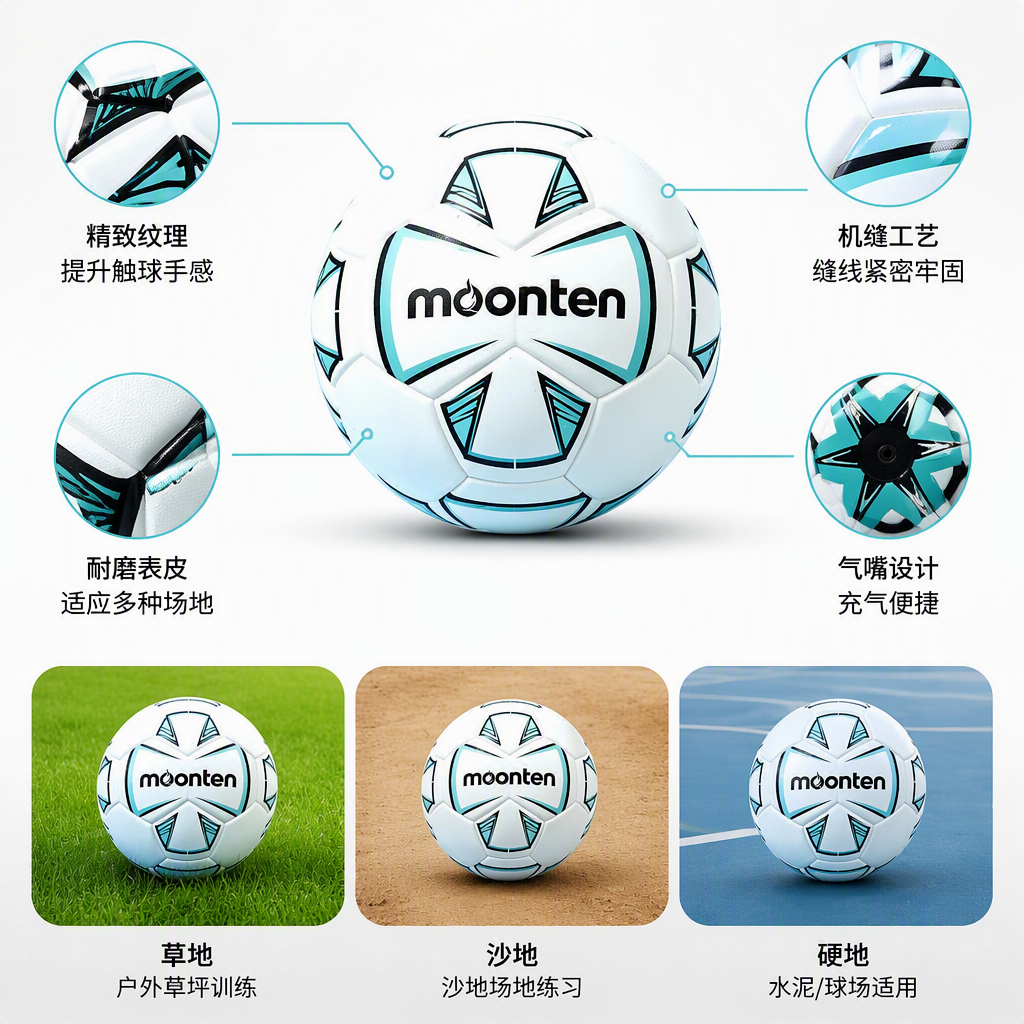 Three types of white No. 5 PU football match training balls with colorful geometric patterns