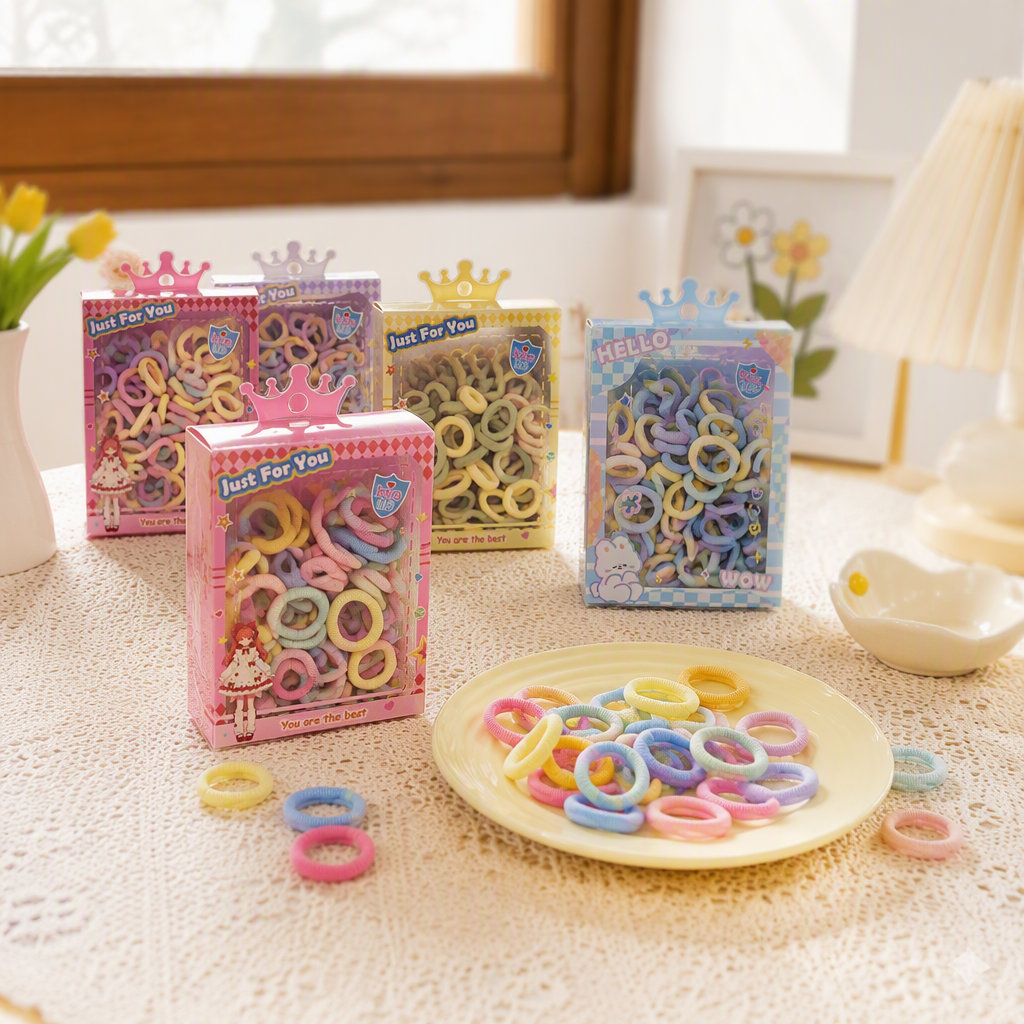 Children's box towel hair tie, high elasticity, no hair damage, macaron-colored girls' hair tie, rubber band for girls Item Picture