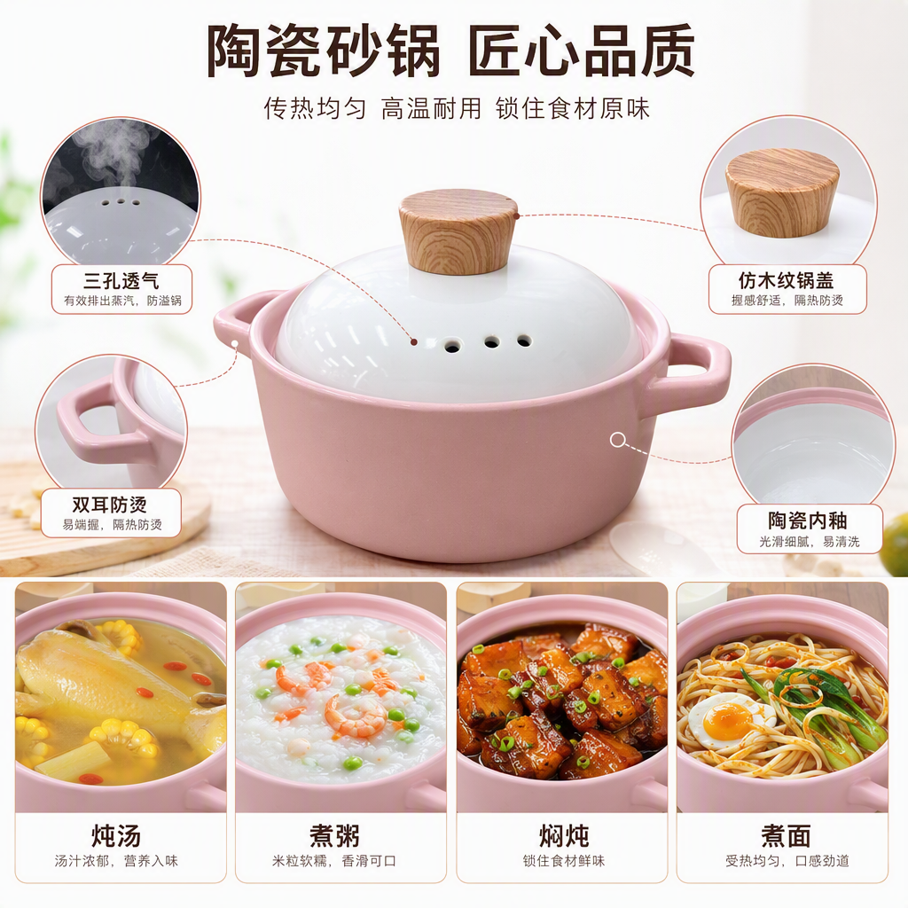 Pink ceramic clay pot with white lid and wooden handle, household stewing pot kitchenware, heat-resistant and durable