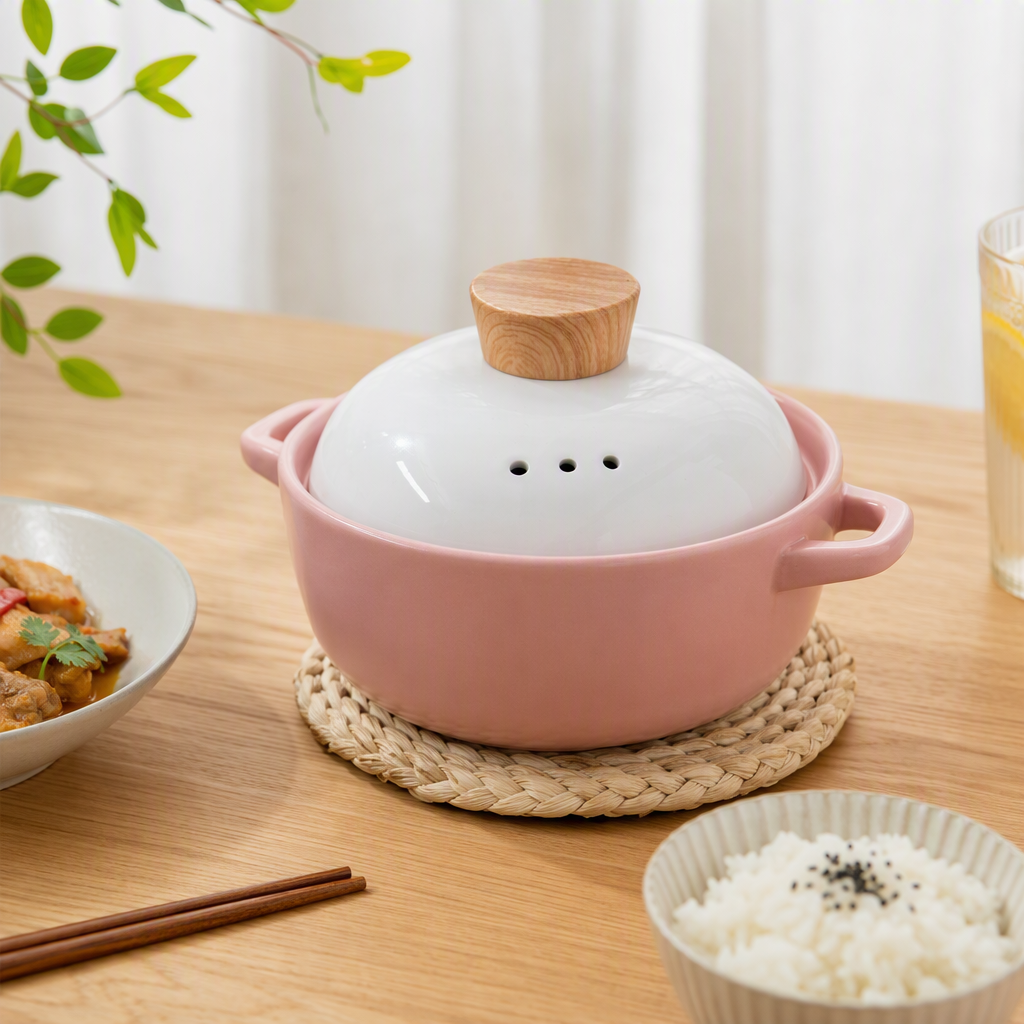 Pink ceramic clay pot with white lid and wooden handle, household stewing pot kitchenware, heat-resistant and durable details Picture