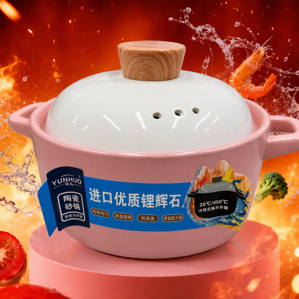 Pink ceramic clay pot with white lid and wooden handle, household stewing pot kitchenware, heat-resistant and durable Specification image