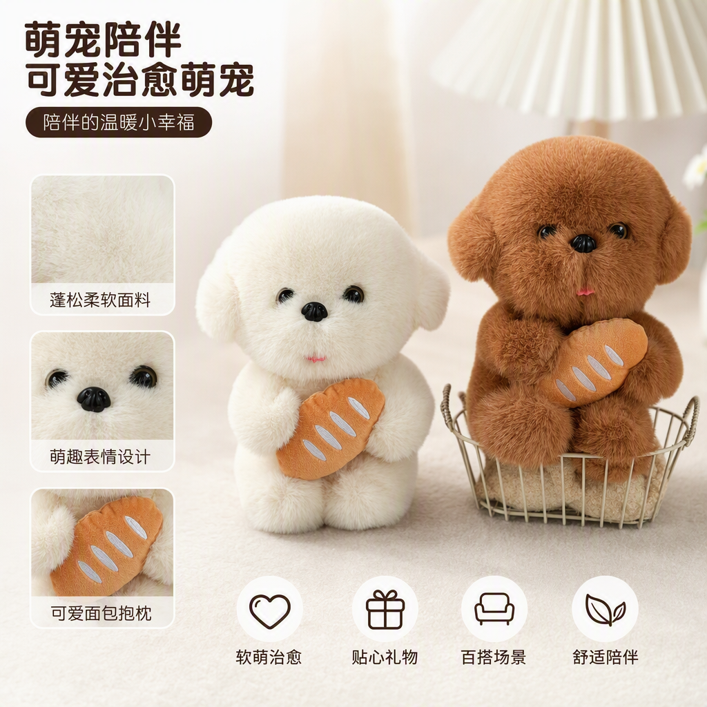 Cute white plush dog hugging bread, warm doll, brown plush dog sitting in a basket, casual hug as a souvenir