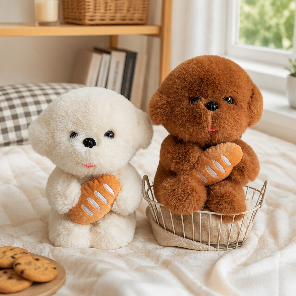 Cute white plush dog hugging bread, warm doll, brown plush dog sitting in a basket, casual hug as a souvenir details Picture