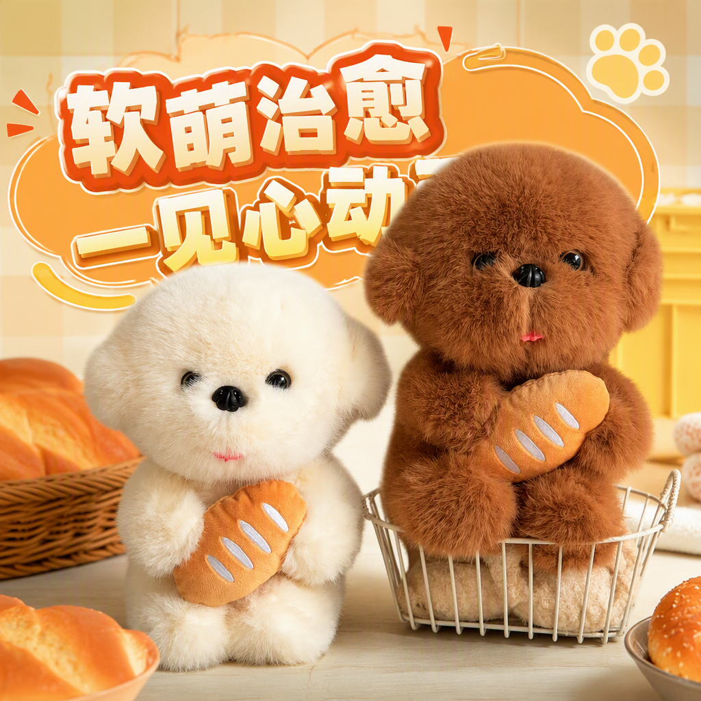 Cute white plush dog hugging bread, warm doll, brown plush dog sitting in a basket, casual hug as a souvenir Specification image
