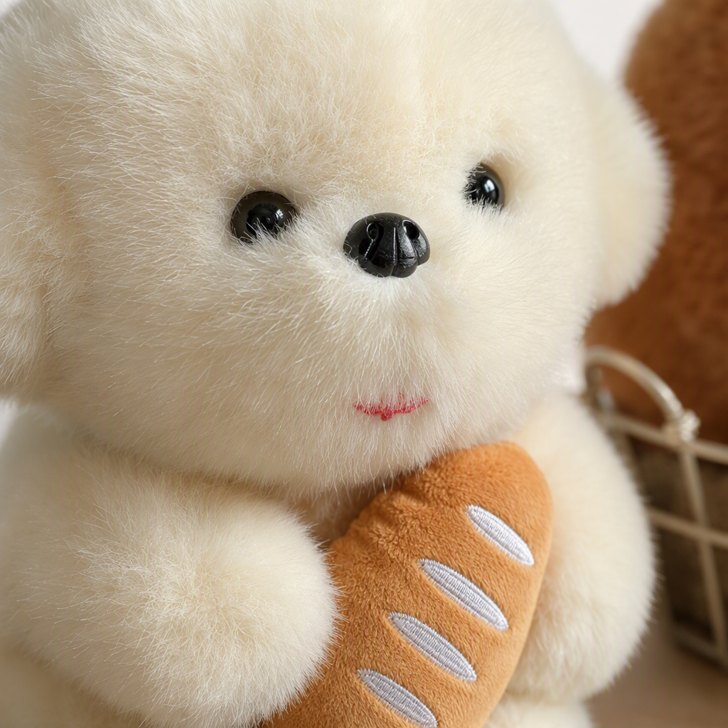 Cute white plush dog hugging bread, warm doll, brown plush dog sitting in a basket, casual hug as a souvenir Application Scenario