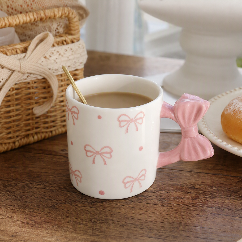Pink three-dimensional bow handle, white ceramic cup, simple and cute breakfast coffee and tea set gift details Picture