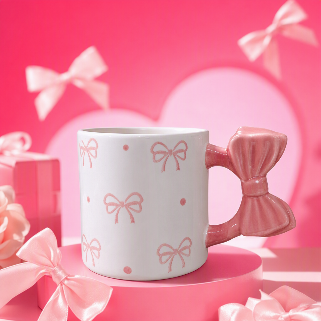 Pink three-dimensional bow handle, white ceramic cup, simple and cute breakfast coffee and tea set gift Specification image