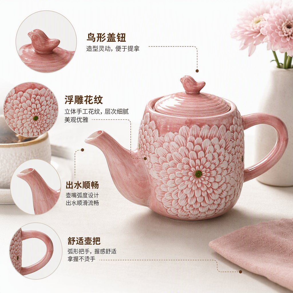 Pink flower-patterned ceramic teapot, a simple and fashionable home tea-making set, creative tea ware, gift set