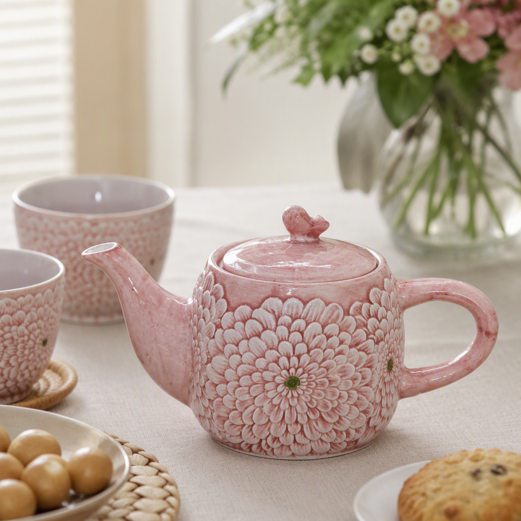 Pink flower-patterned ceramic teapot, a simple and fashionable home tea-making set, creative tea ware, gift set details Picture
