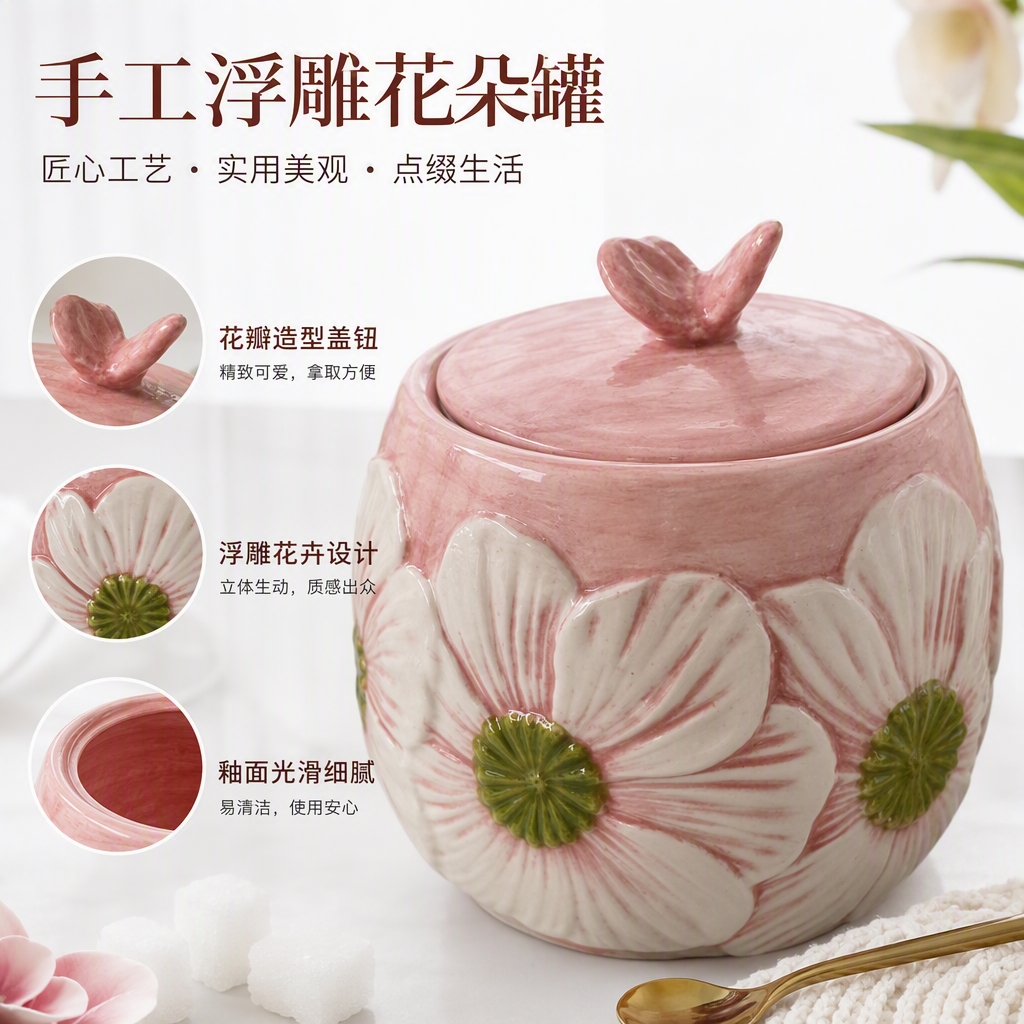 Pink flower ceramic storage jars, creative home storage jars, kitchenware decorative ornaments, ceramic containers