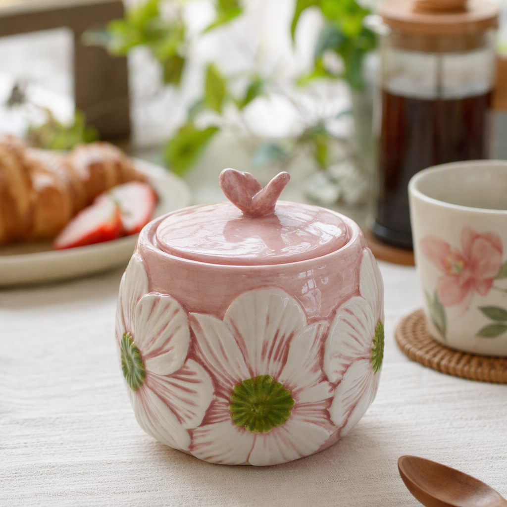 Pink flower ceramic storage jars, creative home storage jars, kitchenware decorative ornaments, ceramic containers details Picture