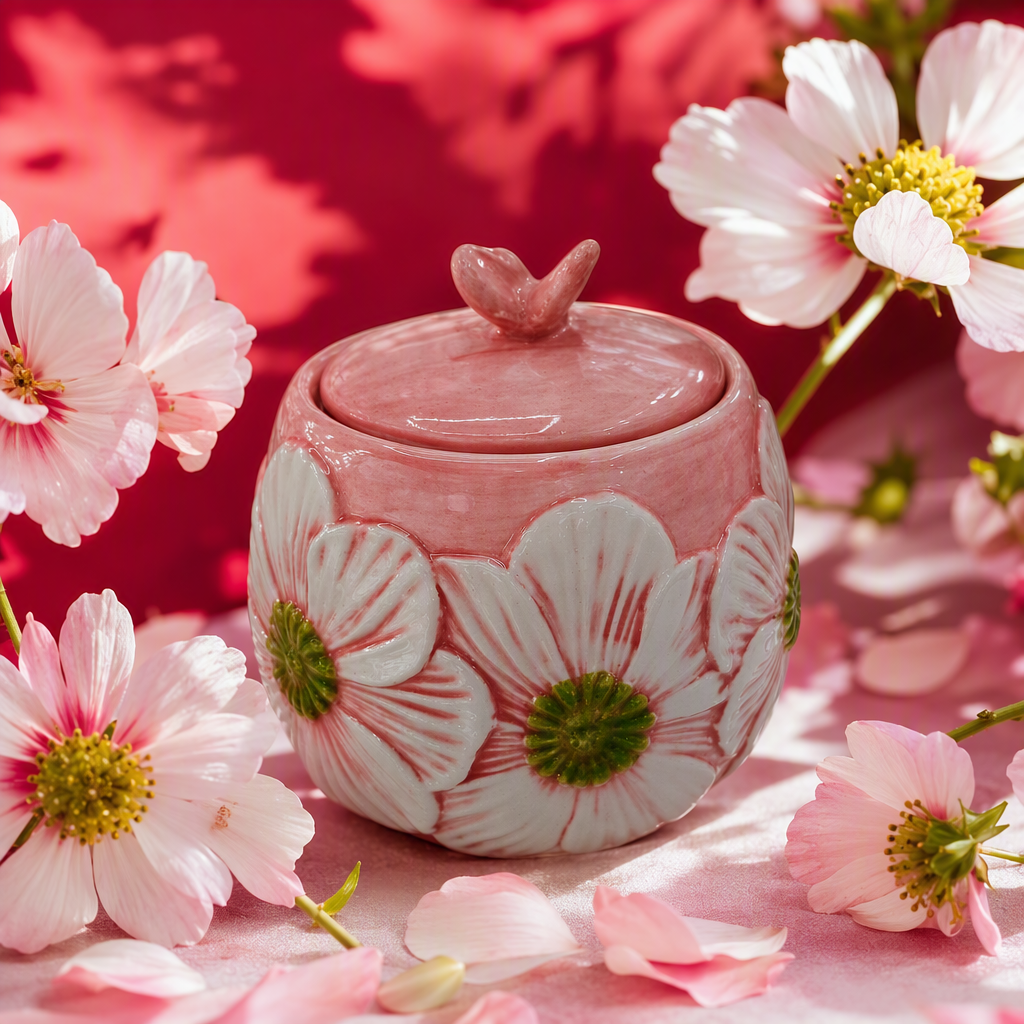 Pink flower ceramic storage jars, creative home storage jars, kitchenware decorative ornaments, ceramic containers Specification image