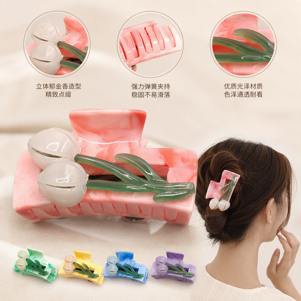 Pink marble-patterned hair clips, white flowers and green stems embellish fashionable hair accessories and hairstyle ornaments full image