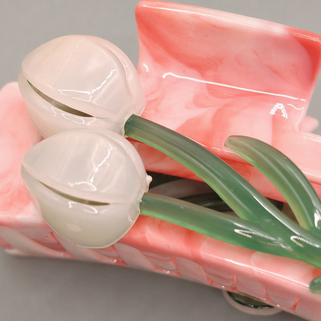 Pink marble-patterned hair clips, white flowers and green stems embellish fashionable hair accessories and hairstyle ornaments Application Scenario