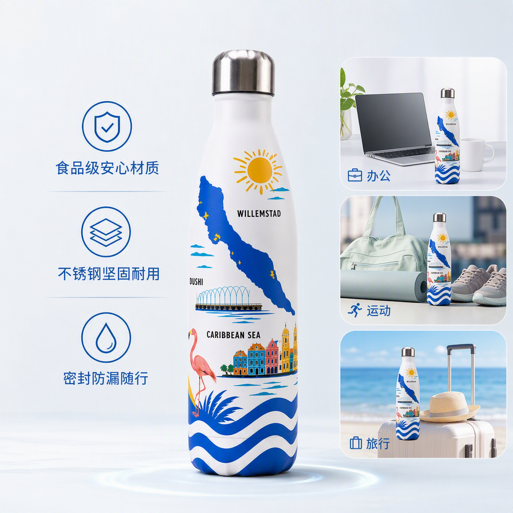 Curacao creative painted white water bottle with island flamingos, sun and wave patterns, portable sports water bottle, student outdoor travel supplies full image