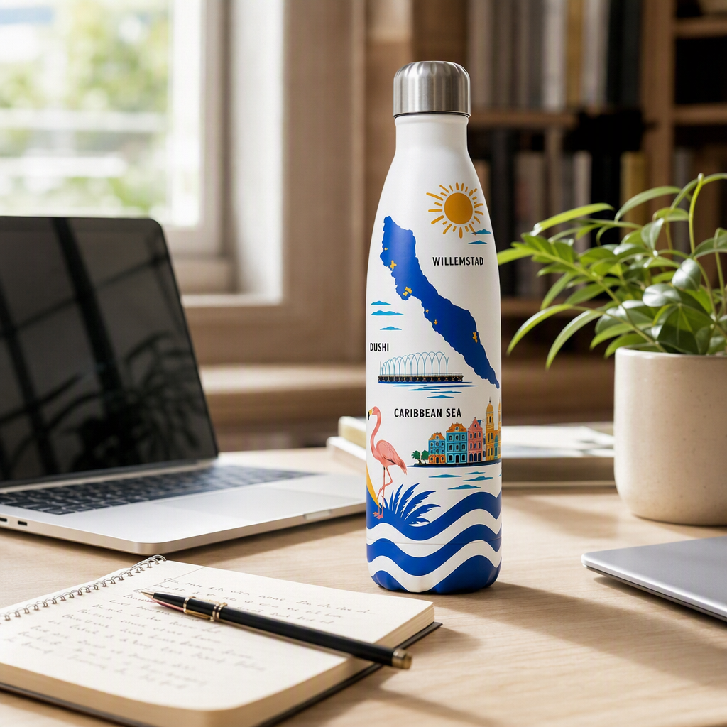 Curacao creative painted white water bottle with island flamingos, sun and wave patterns, portable sports water bottle, student outdoor travel supplies details Picture