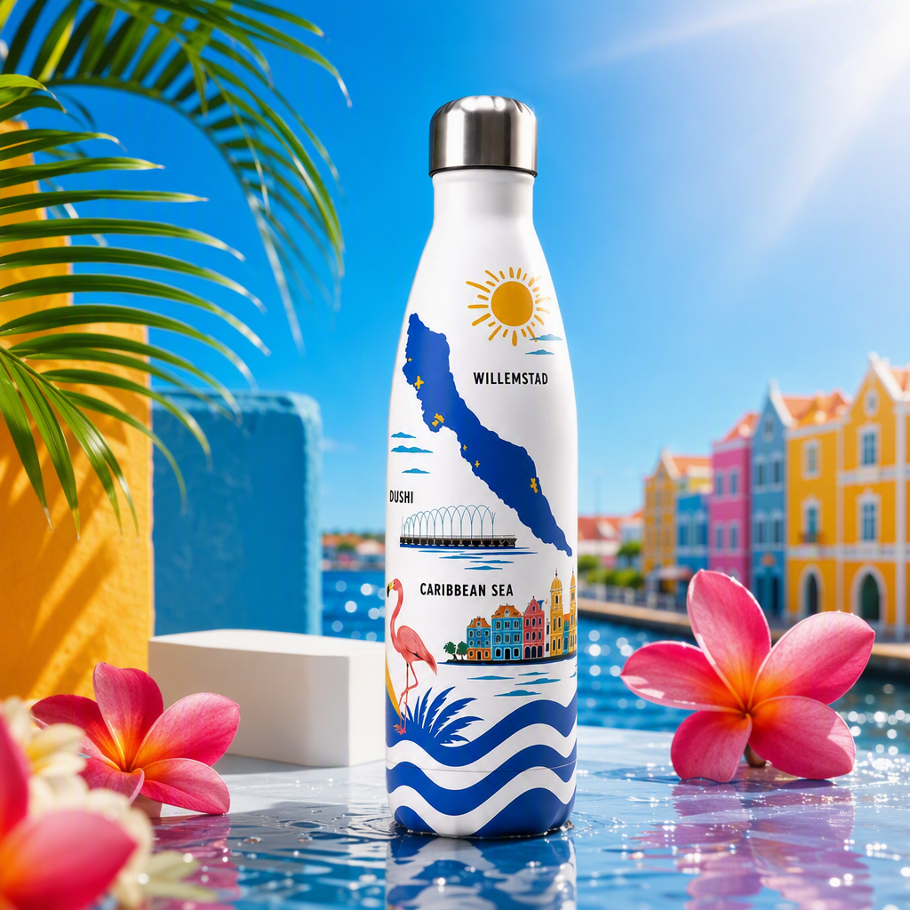 Curacao creative painted white water bottle with island flamingos, sun and wave patterns, portable sports water bottle, student outdoor travel supplies Specification image
