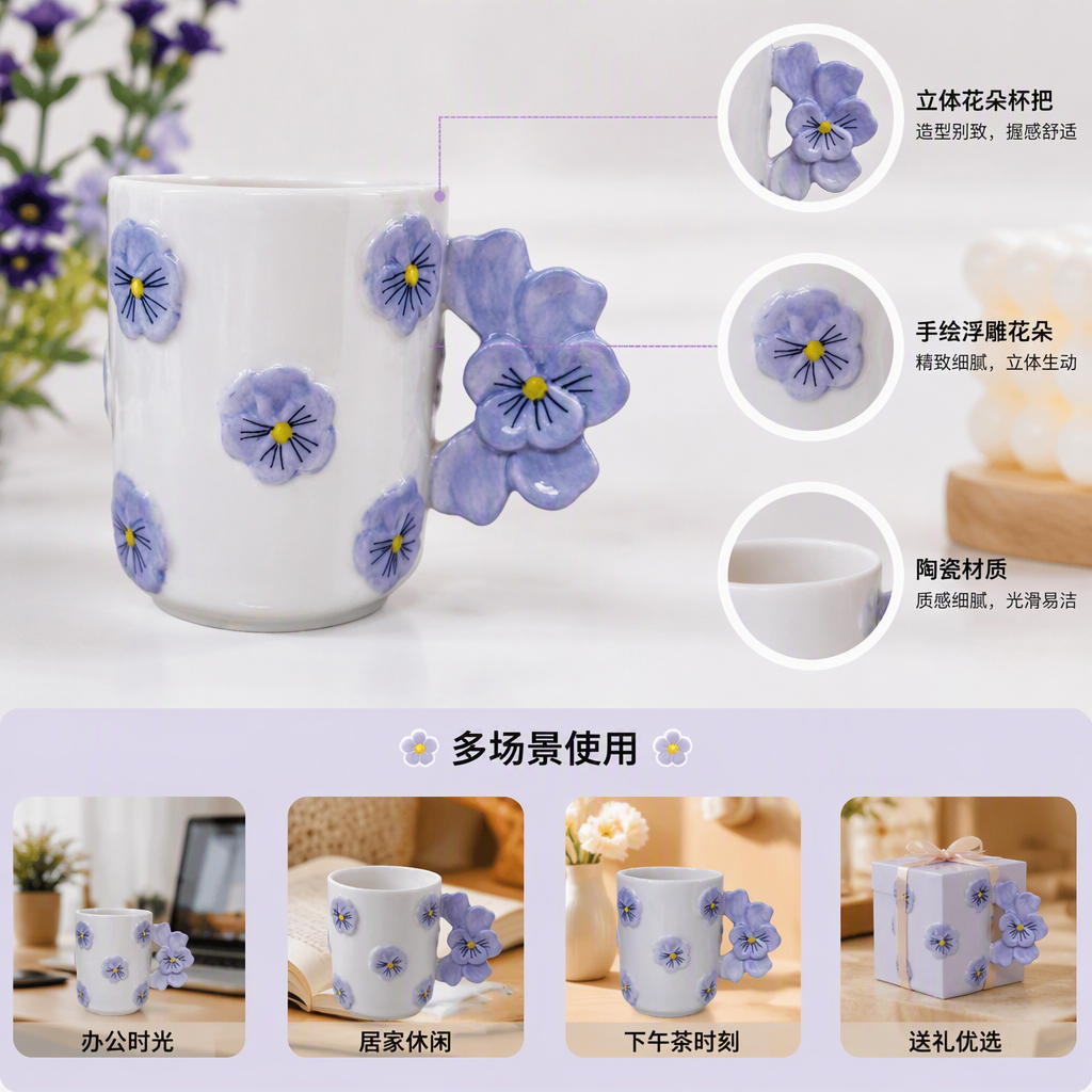 White ceramic cups, purple pansies with floral decorations, simple and creative coffee and tea sets, household and office supplies