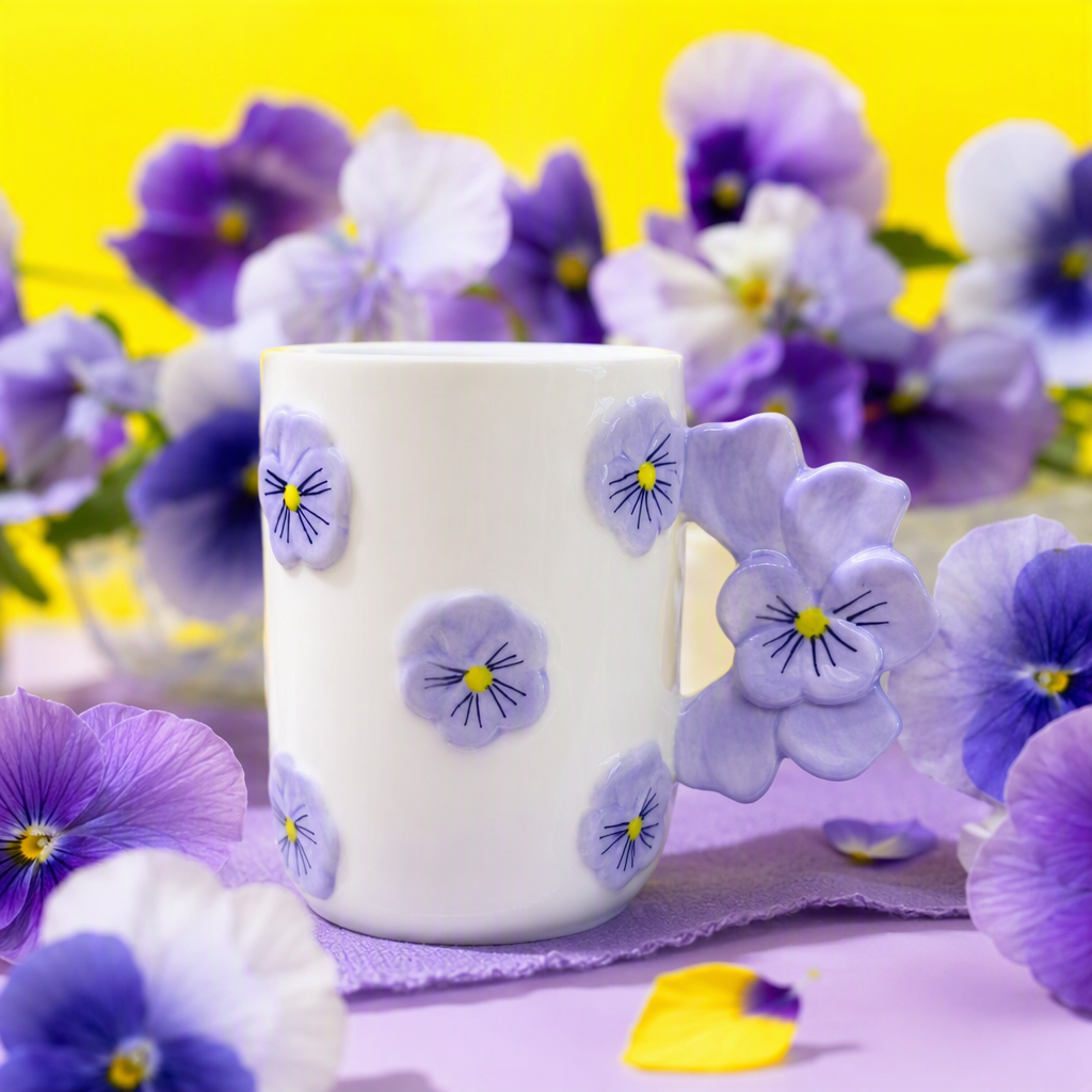 White ceramic cups, purple pansies with floral decorations, simple and creative coffee and tea sets, household and office supplies Specification image