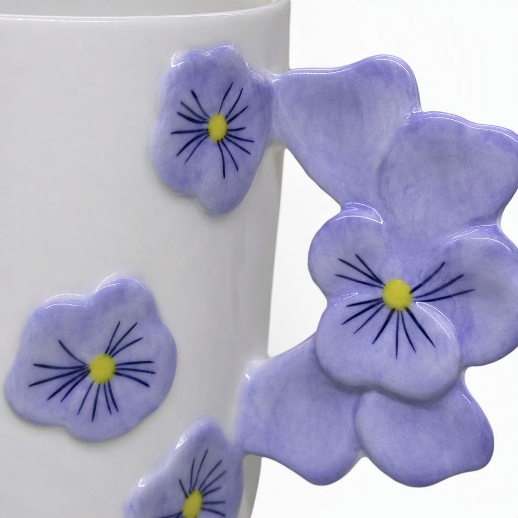 White ceramic cups, purple pansies with floral decorations, simple and creative coffee and tea sets, household and office supplies Application Scenario