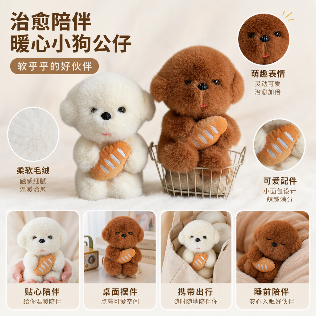 The cute white plush dog holding the bread, the warm doll, the brown puppy sitting basket, and the soft touch make it an excellent gift choice