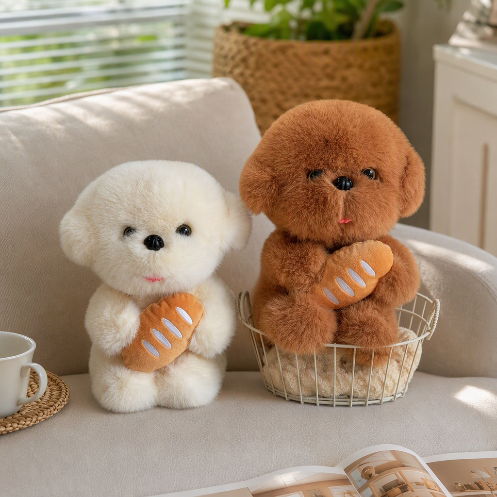 The cute white plush dog holding the bread, the warm doll, the brown puppy sitting basket, and the soft touch make it an excellent gift choice details Picture