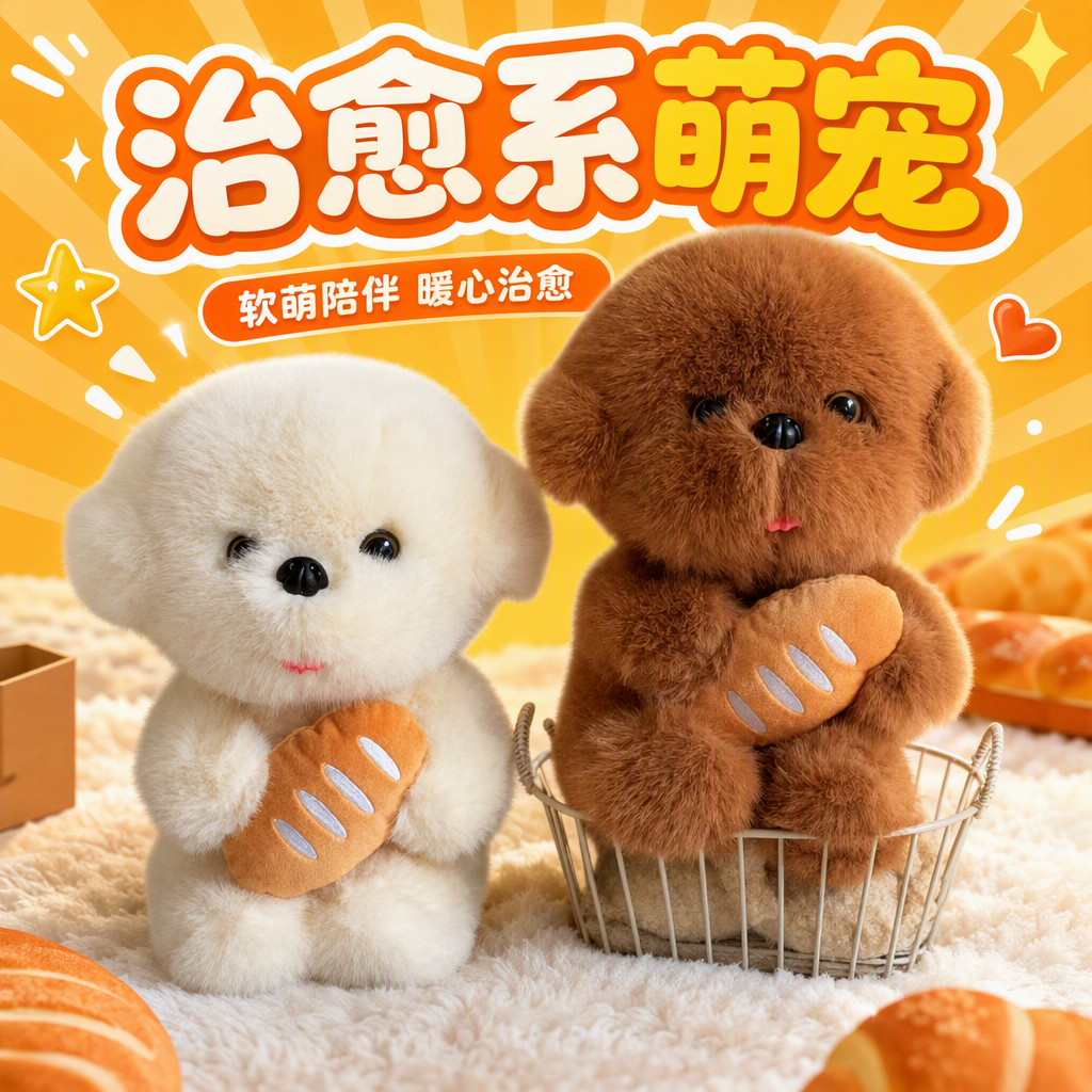 The cute white plush dog holding the bread, the warm doll, the brown puppy sitting basket, and the soft touch make it an excellent gift choice Specification image