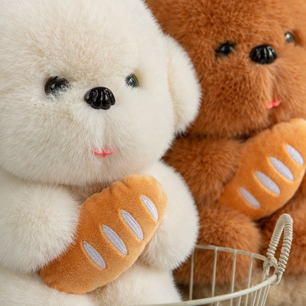 The cute white plush dog holding the bread, the warm doll, the brown puppy sitting basket, and the soft touch make it an excellent gift choice Application Scenario