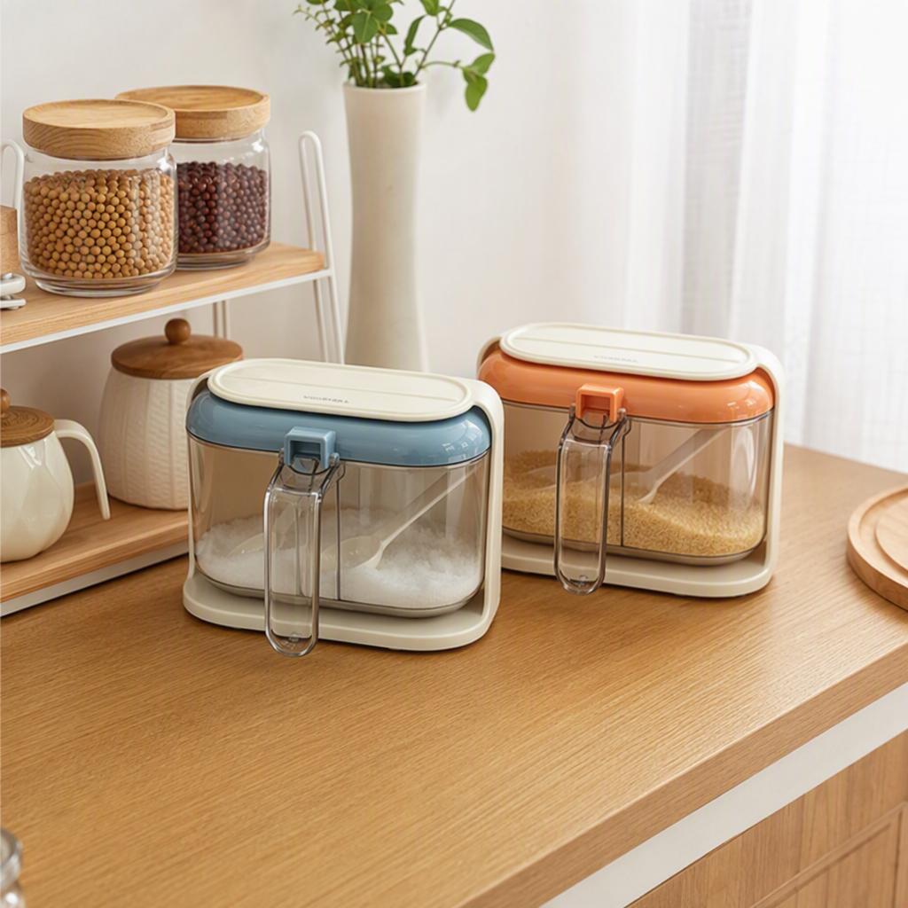 【CL】26Q3#638 Yaxu Two-compartment wall-mounted Seasoning Box with spoon Kitchen Seasoning jar Wall-mounted seasoning box details Picture