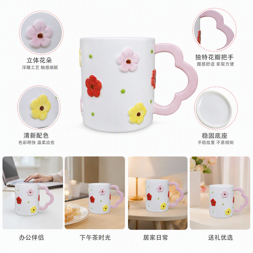 White ceramic cup, pink heart-shaped handle, colorful three-dimensional flower decoration, creative coffee and tea set gift, household heat-resistant